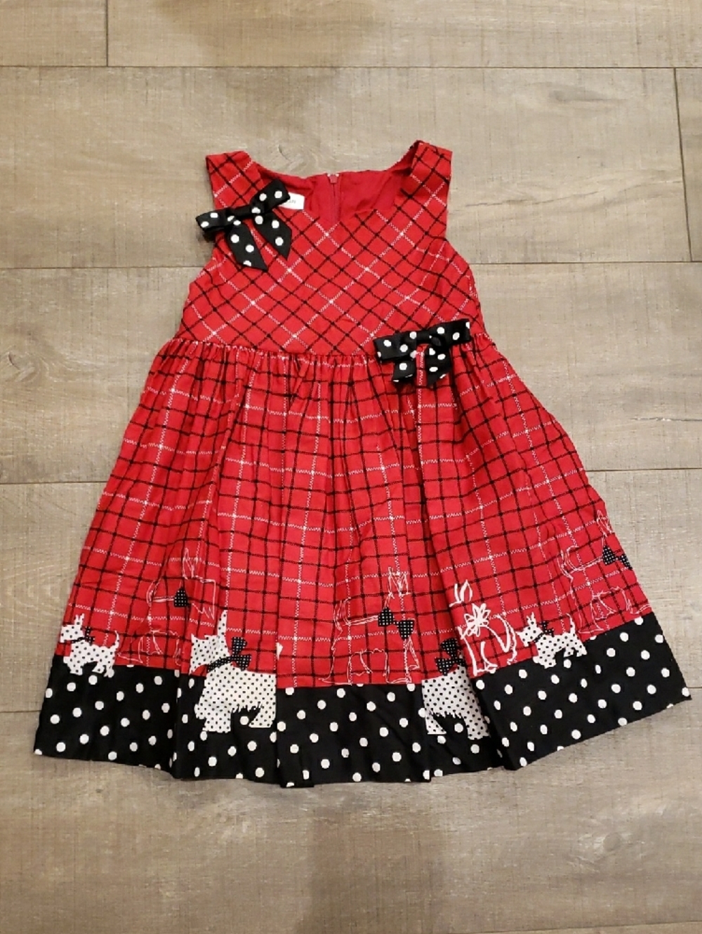 Red Plaid Dress with Black Polka-Dot Trim and Scottish Terriers